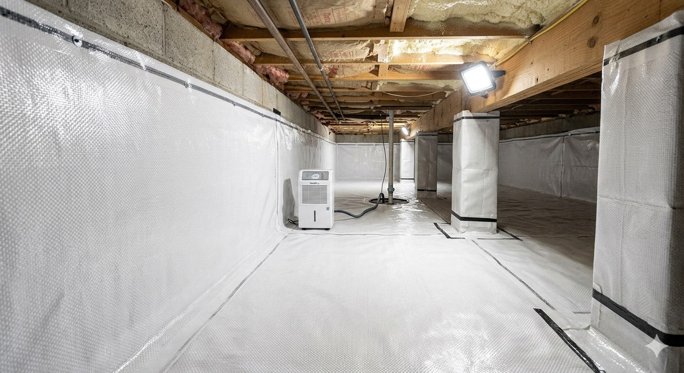 Crawlspace encapsulation and moisture barrier installation