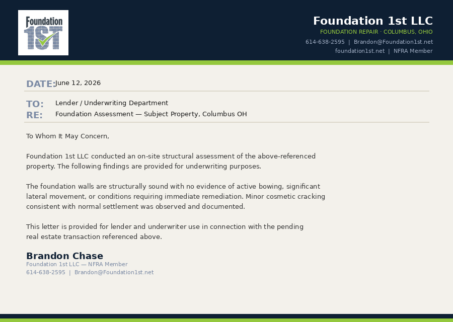 Foundation 1st LLC lender letter for real estate transactions